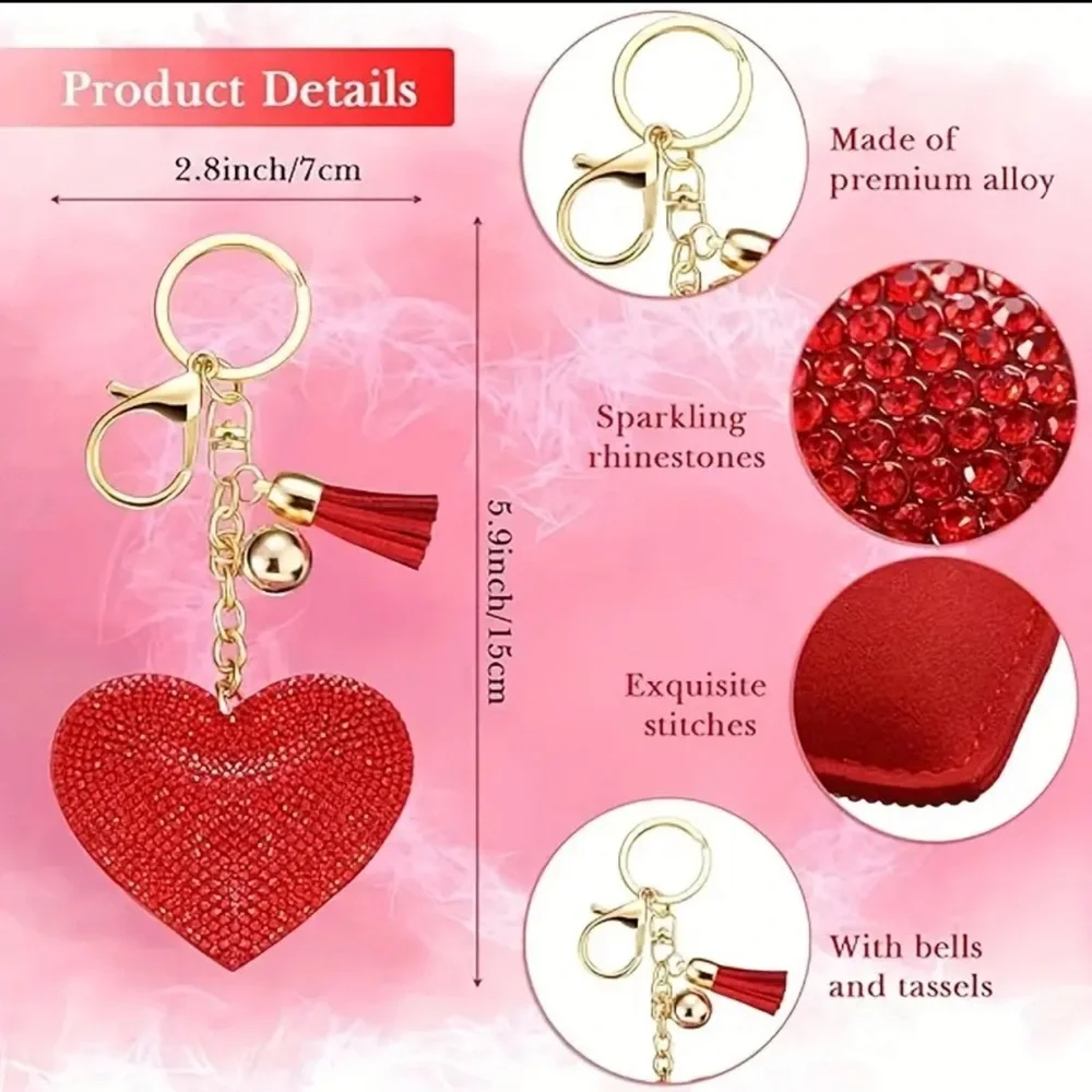 Red Heart Rhinestones Keychain and Faux Leather with Gold Hardware